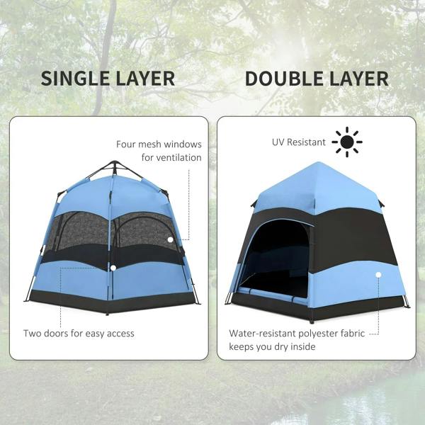 Blue and black hexagon camping tent with single-layer and double-layer design diagrams