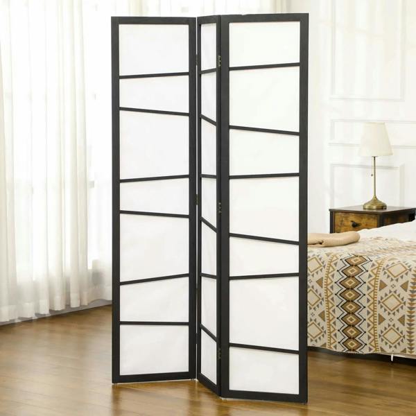 Open freestanding room divider with white translucent panels and black frame in a bedroom