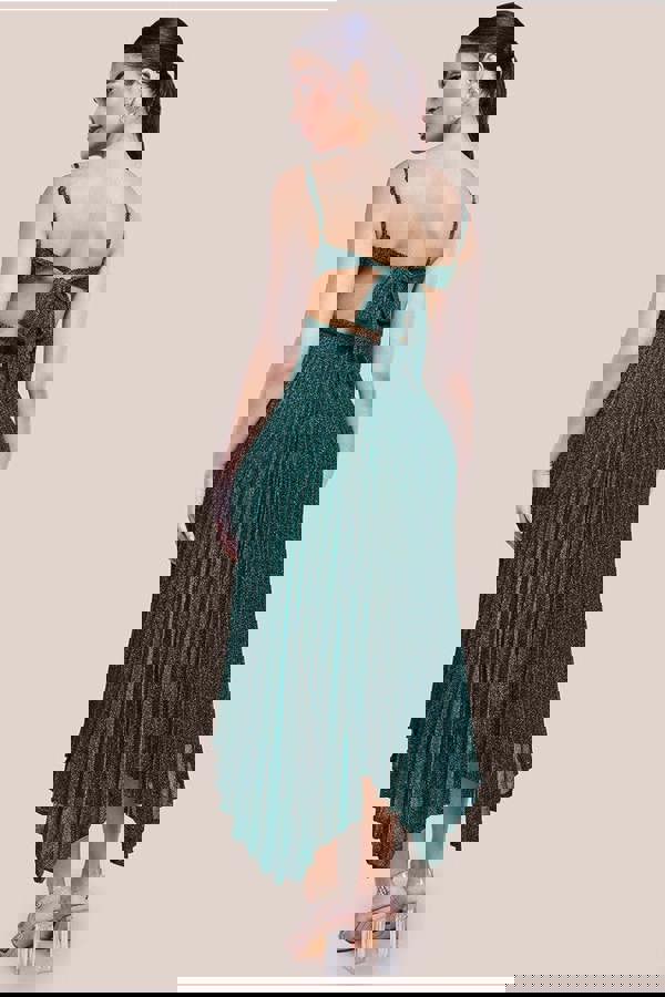 Tie Back Pleated Lurex Skater Midi Dress - Emerald DR4246