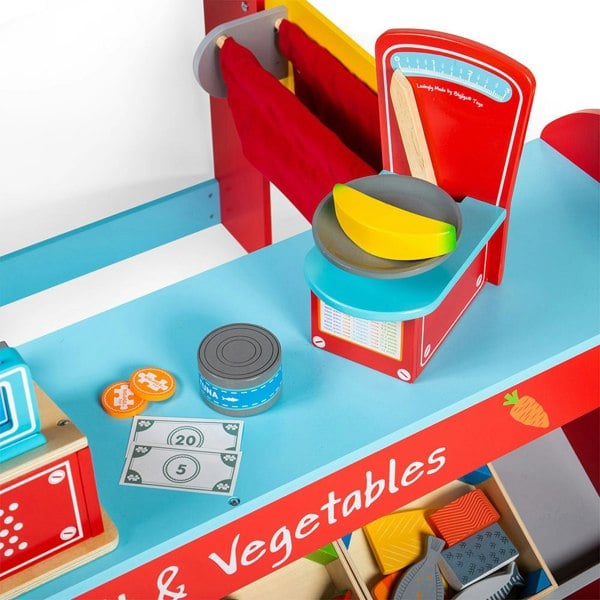 Bigjigs Toys Wooden Village Shop Bundle, With Trolley, Till, Scales And More