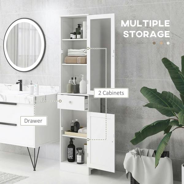 White bathroom floor cabinet with multiple open shelves and side door storage