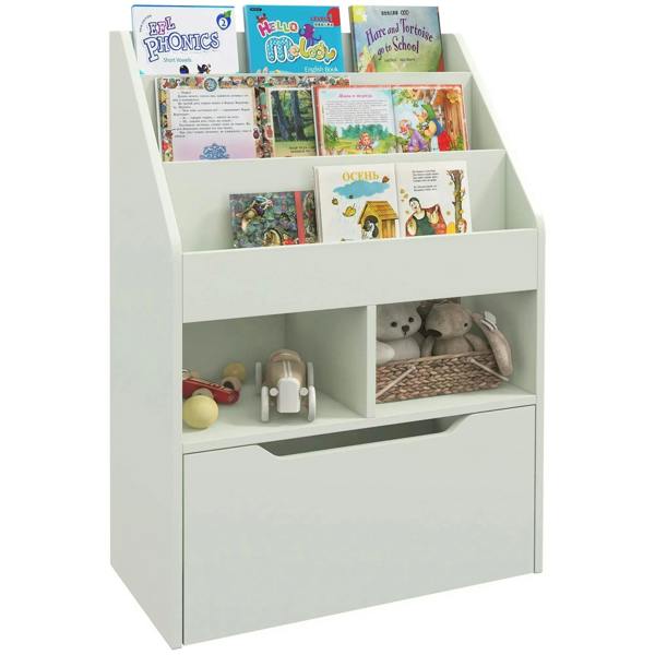 Kids bookshelf toy organizer with open book cubbies and a storage drawer front panel