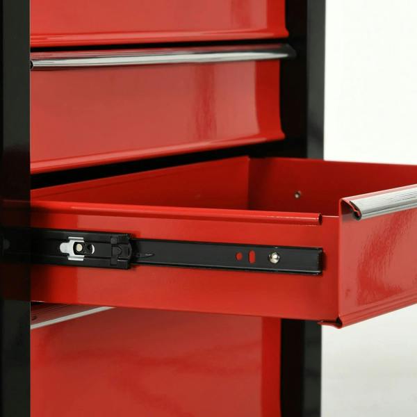 Drawer lock mechanism on a red and black lockable steel tool chest