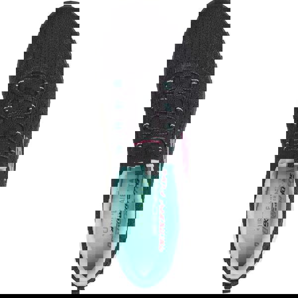 Skechers Summits New Nature Womens Casual Sports Walking Trainers, top view of a black athletic shoe with colorful laces and a cushioned light blue interior.