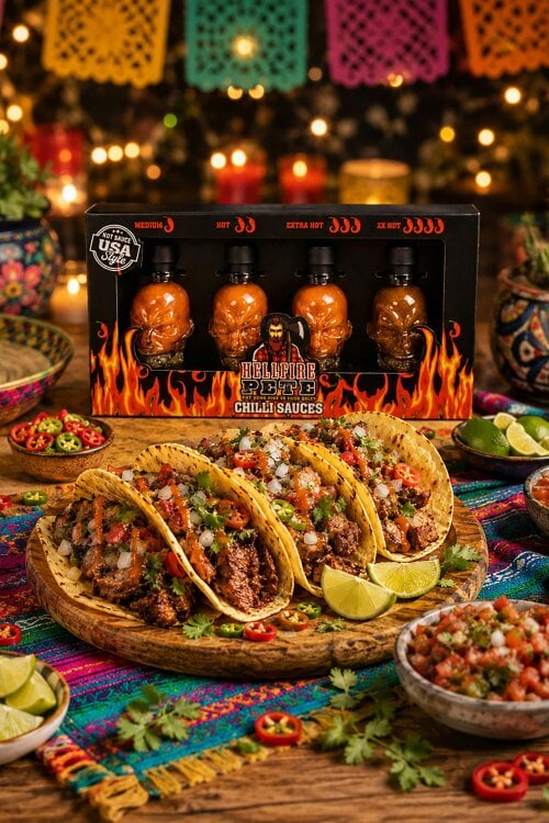 Kimm and Miller 'Hellfire Pete' 4 Pack Devil Head Chilli Sauce Gift Set