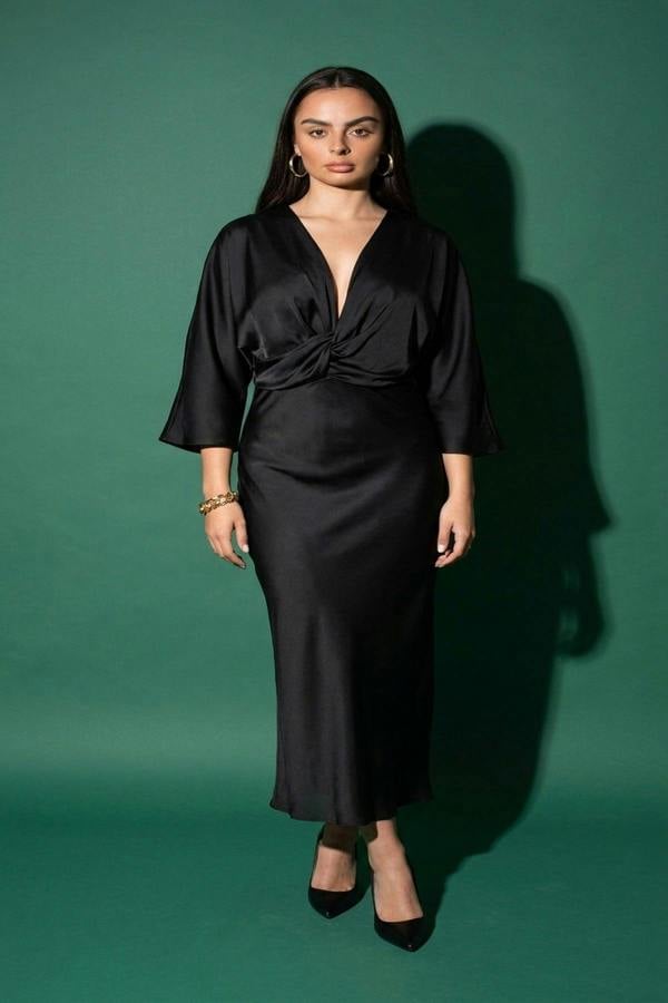 Kylie V-neck Twist Front Midi Dress - Black