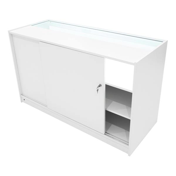 Polaris LED shop counter set in white, featuring a sleek design, sliding door, glass top, and open storage space for display items