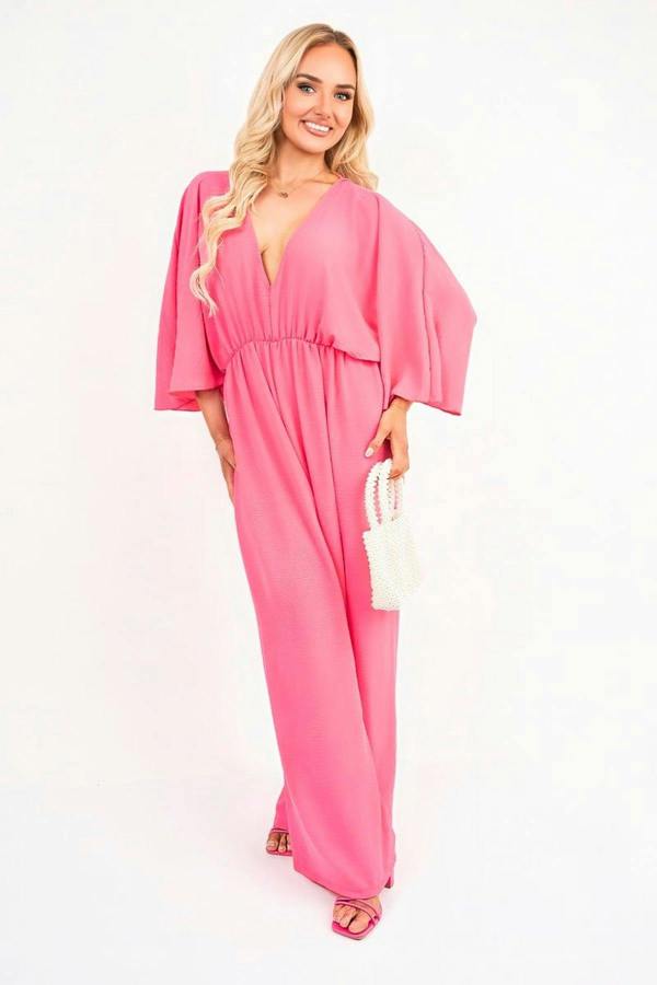 Maysa Wide Leg V Neck Jumpsuit With Back Tie Detail - Fuschia