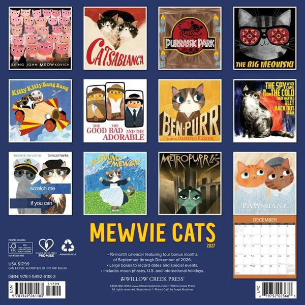 Mewvie Cats Calendar 2027, Wall Calendars, Month To View, Cats, Gift