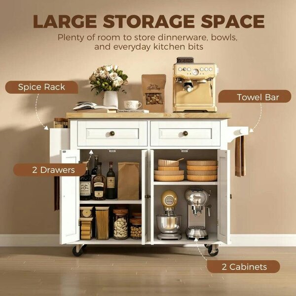 Kitchen Island on Wheels, Rolling Kitchen Storage Trolley with Rubber Wood Top, Drawers, Adjustable Shelves, Cream White