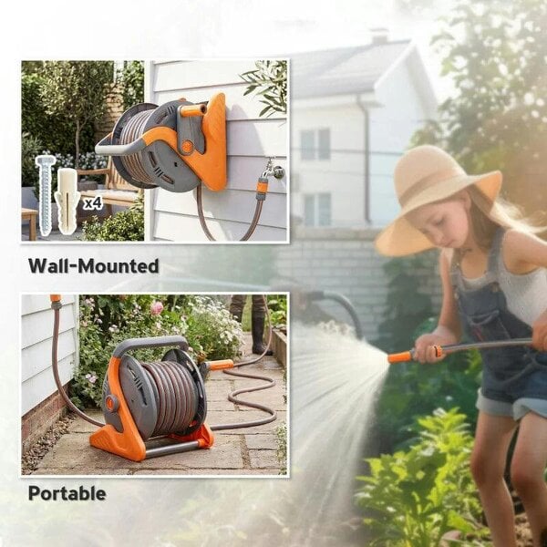Bobobiy Portable Garden Hose Reel, 20+2 m Wall Mounted Hose Reel with 2 Patterns Spray Nozzle and Crank Handle, Orange