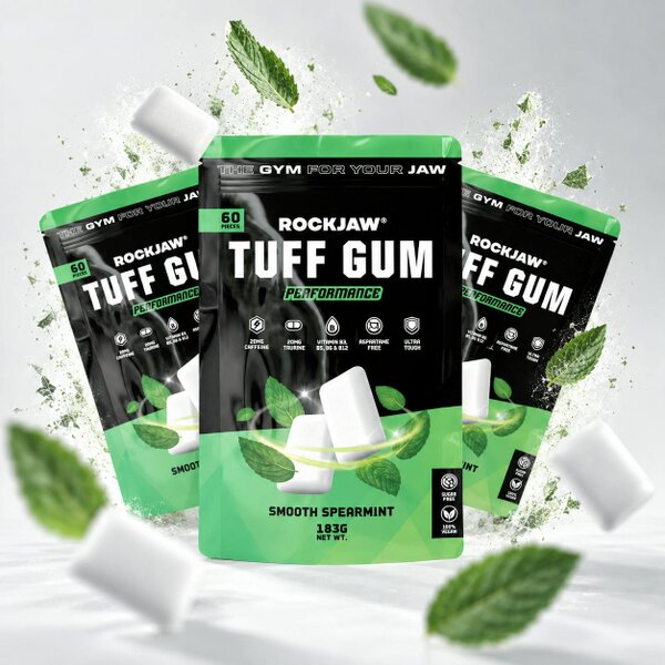 ROCKJAW Tuff Gum Performance | 20mg Natural Caffeine, 20mg Taurine + B Vitamin Complex | Premium Tough Jaw Gum