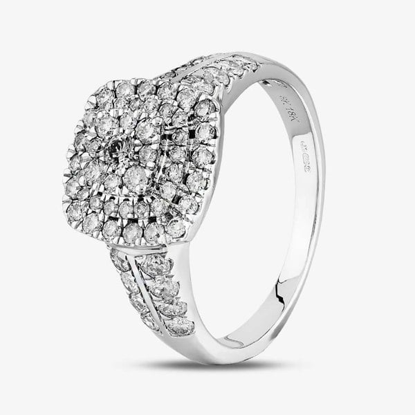 T. H. Baker 18ct White Gold 1.00ct Diamond Shouldered Cushion Cluster Ring TH011375R
