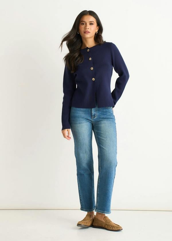Gini London Navy Button Front Compact Knit Cardigan