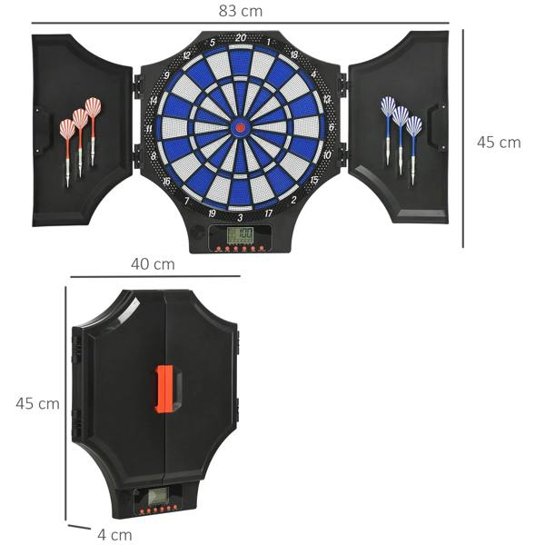 Electronic dartboard set with blue scoring board, side compartments, and size view