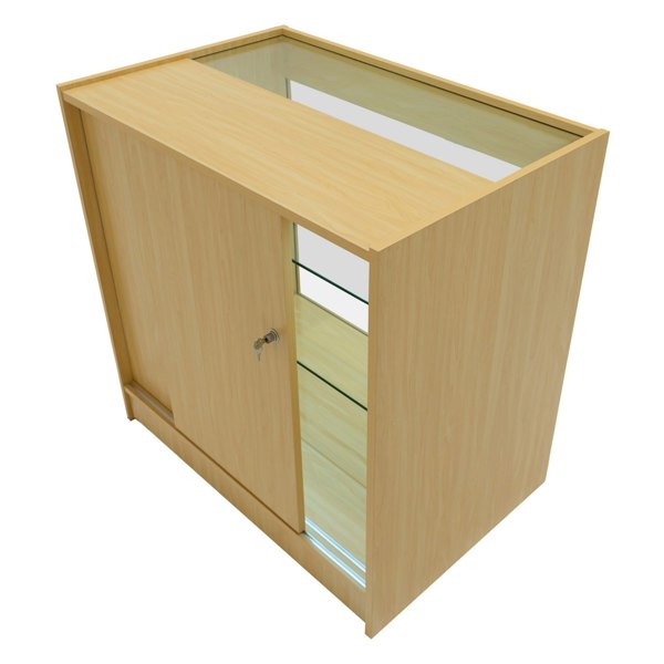 Triton LED shop counter set in maple finish, featuring a sleek design, glass display top, and a secure sliding door for storage