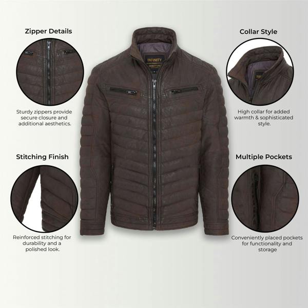 Infinity Leather Mens Quilted Puffer Leather Bomber Jacket - Torpoint