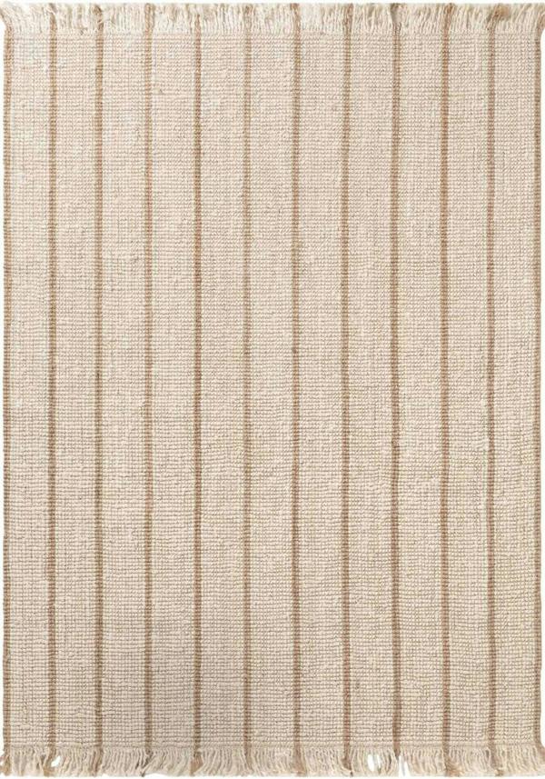 Textured beige rug with vertical stripes on a white background
