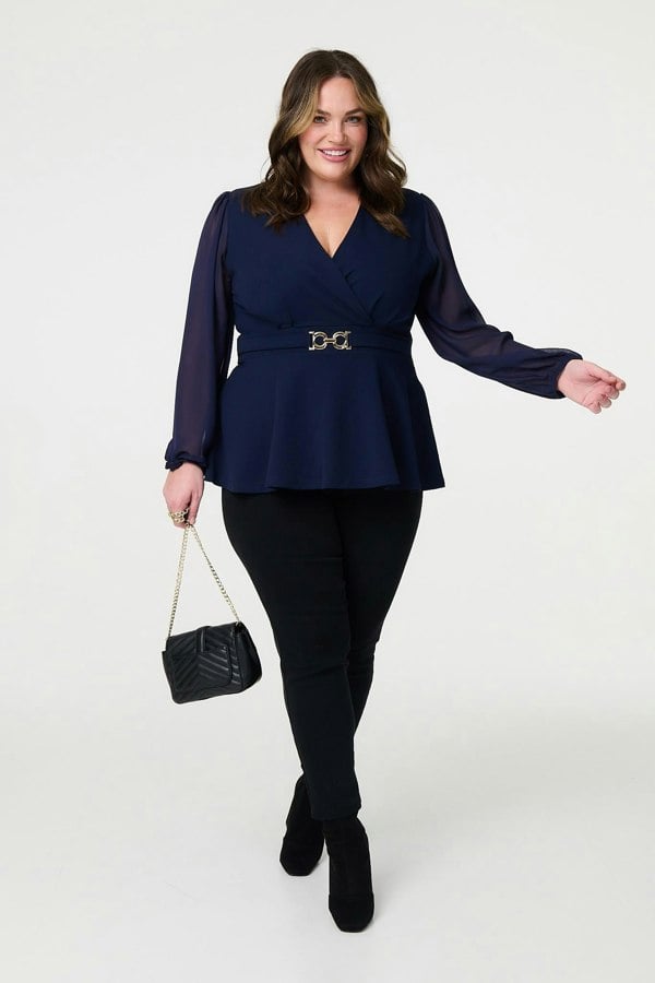 Navy | Sheer Sleeve Wrap Front Blouse