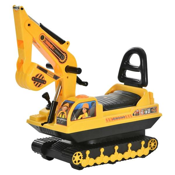 Yellow ride-on excavator toy tractor with front scoop arm, black handle, and track base