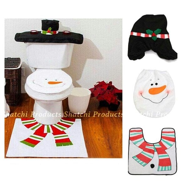 Shatchi Standard Size Christmas Toilet Seat Cover and Bathroom Mat Set, White Snowman Style, 3 Piece Decor