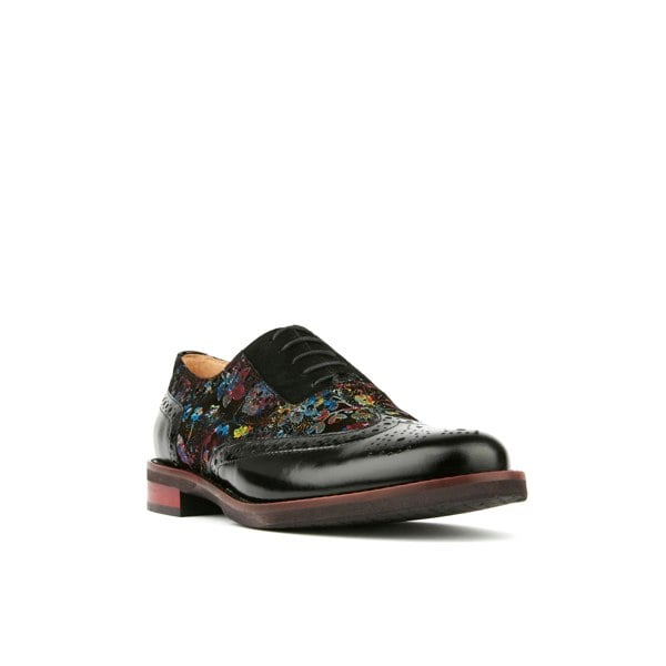 Embassy London Vivienne - Black Flower - Women's almond toe lace up leather oxfords with broguing
