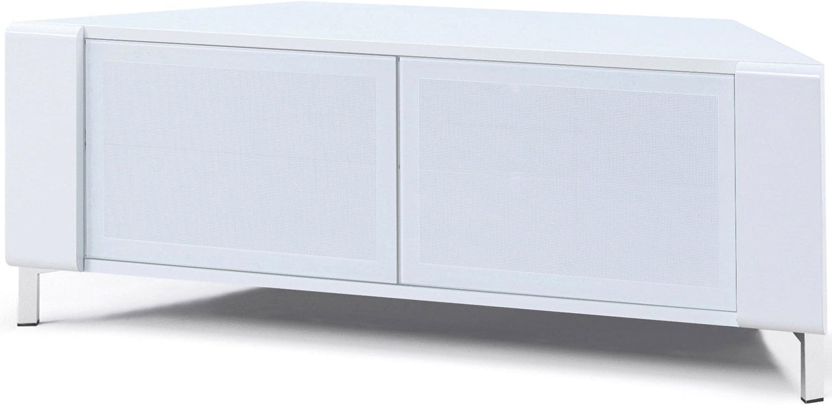MDA Designs CORVUS Corner-Friendly Gloss White Contemporary Cabinet with White Profiles White BeamThru Glass Doors for Flat Screen TVs up to 50"