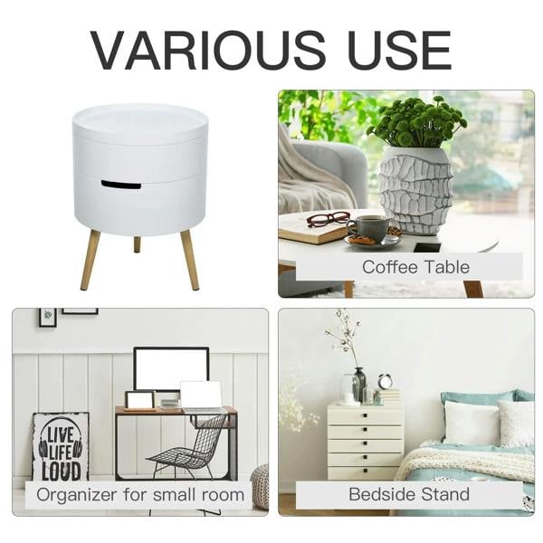 White round end table with black handle slot on pine wood legs