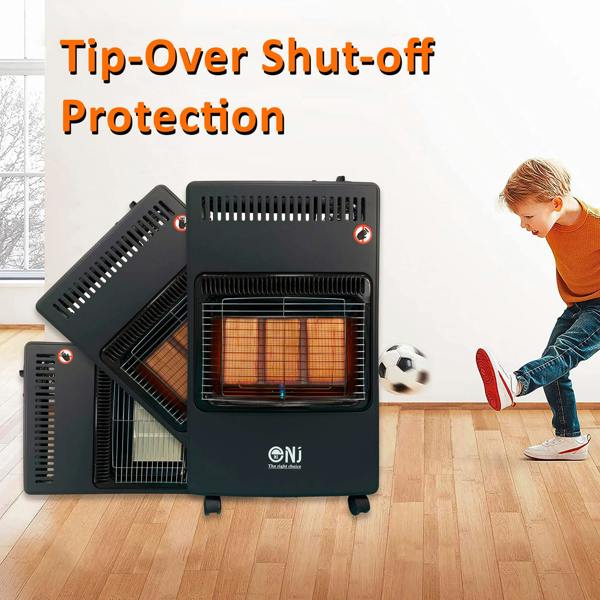 Portable heater with tip-over shut-off protection feature, child playing nearby.