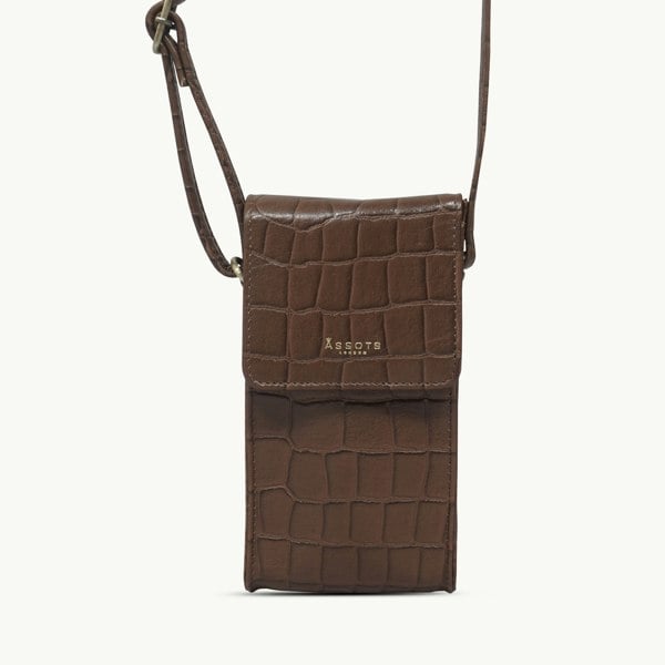 Assots London 'TRACY' Tan Croc Real Leather Crossbody Phone Bag