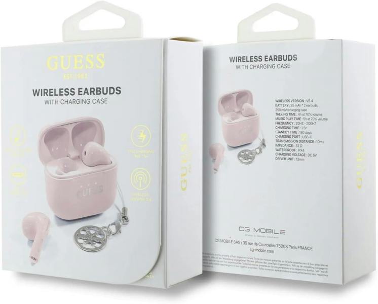 Guess Glossy Effect Printed Classic Logo & Charm TWS Earphones Pink - GUTWSXMCCLP