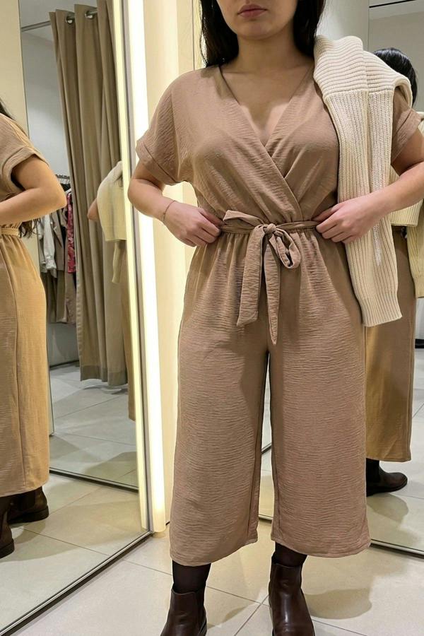Nerina Wrap Short Sleeve Wide Leg Jumpsuit With Tie Waist - Mocha
