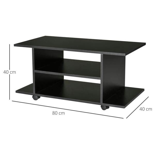 Black TV cabinet stand with two open shelves and four caster wheels, front view