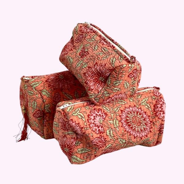 Hayley & Co Sunflower Block Print Cotton Washbag, Make Up Bag, Pencil Case with Waterproof Lining - Pink Sunflower Print