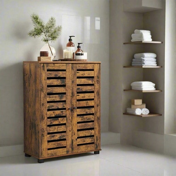 bathroom cabinet, rustic storage unit, louvred cabinet, freestanding sideboard, brown bathroom storage, multipurpose cabinet, adjustable shelf cabinet, compact storage unit, vintage style cabinet, living room cupboard

