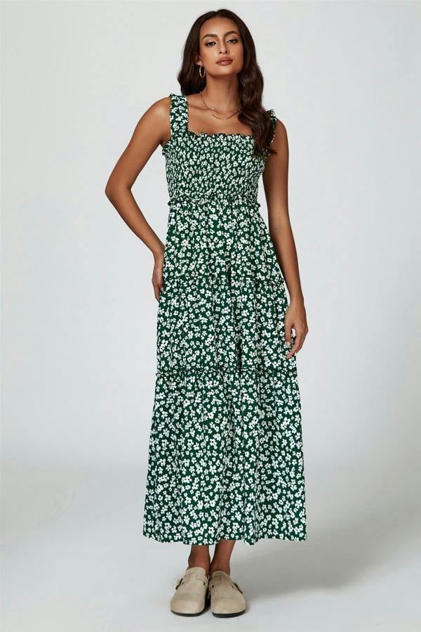 FS Collection Floral Print Hem Detail Tiered Maxi Dress In Green