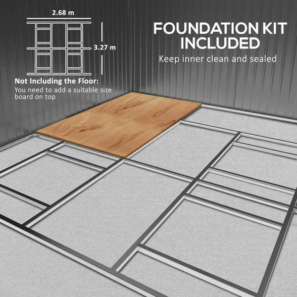 Foundation kit included: steel base frame panels for the storage shed