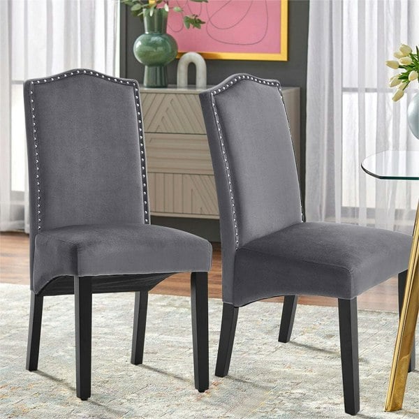 Grey Velvet High Back Dinning Chair Set of 2 Dining Chairs Living and Home