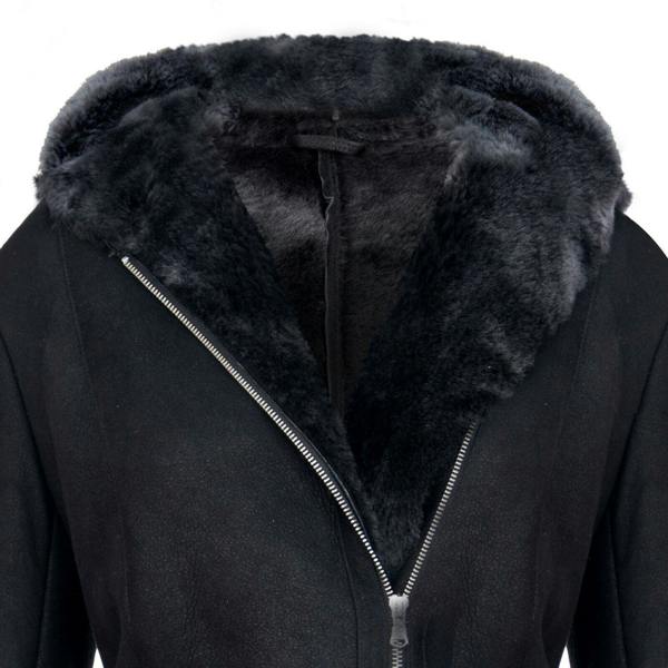 Infinity Leather Womens Black Hooded Merino Sheepskin Jacket-Mandalay
