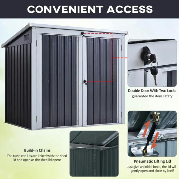 Black two-bin storage shelter with double doors and visible lock hardware