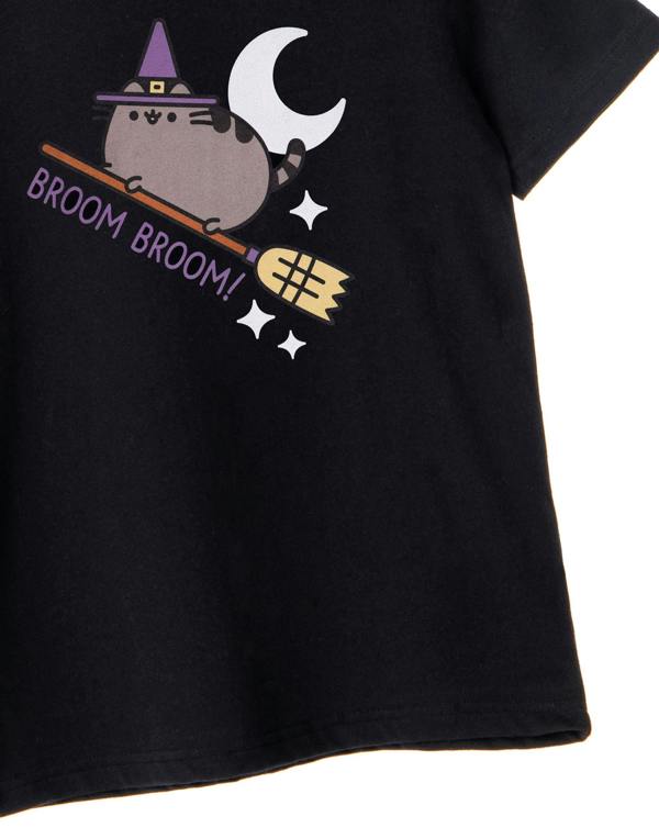 Pusheen Girls Black Halloween Broom Broom Short Sleeved T-Shirt