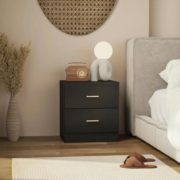 Black two-drawer bedside cabinet with silver bar pulls and top surface