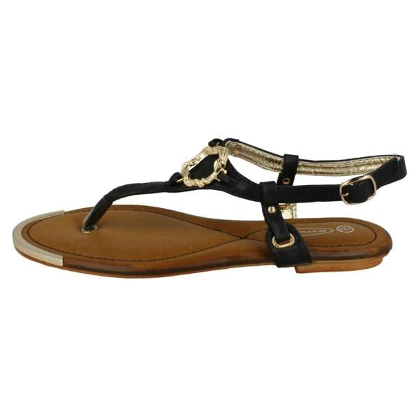 Spot On Ladies Spot On Flat Toe Post Sandal With Snake Trim