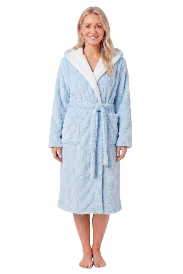 Camille Women's Super Soft Jacquard Sherpa Fleece Hooded Bathrobe - Light Blue
