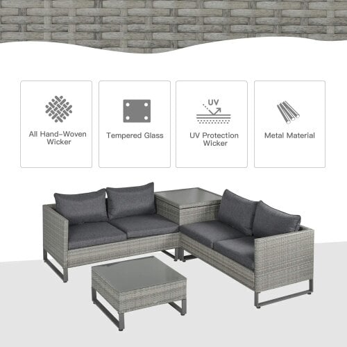 Bobobiy 4 Pieces Rattan Garden Set, 4 Seater Garden Sofa Set with Storage Box, Wicker Outdoor Conservatory Furniture with Cushions, Grey