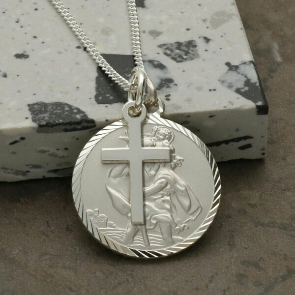 Christopher James of London Sterling Silver Diamond Cut 20mm St Christopher Pendant With Optional Engraving and Chain