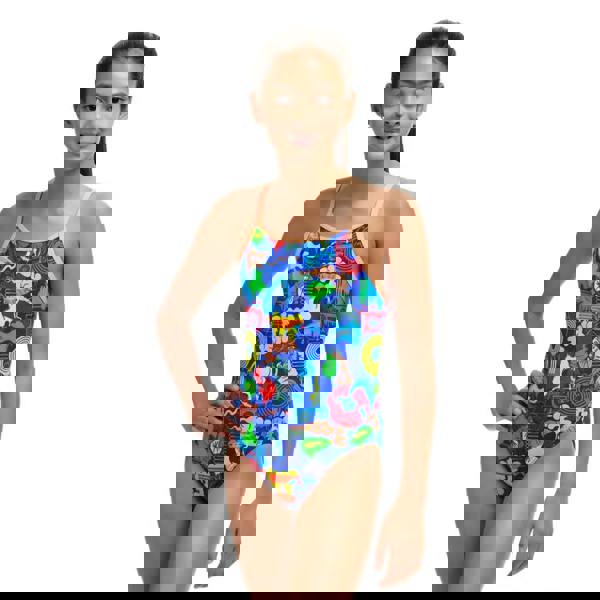 Funkita girls blues baby diamond back swimsuit in blue multi with colorful cartoon characters