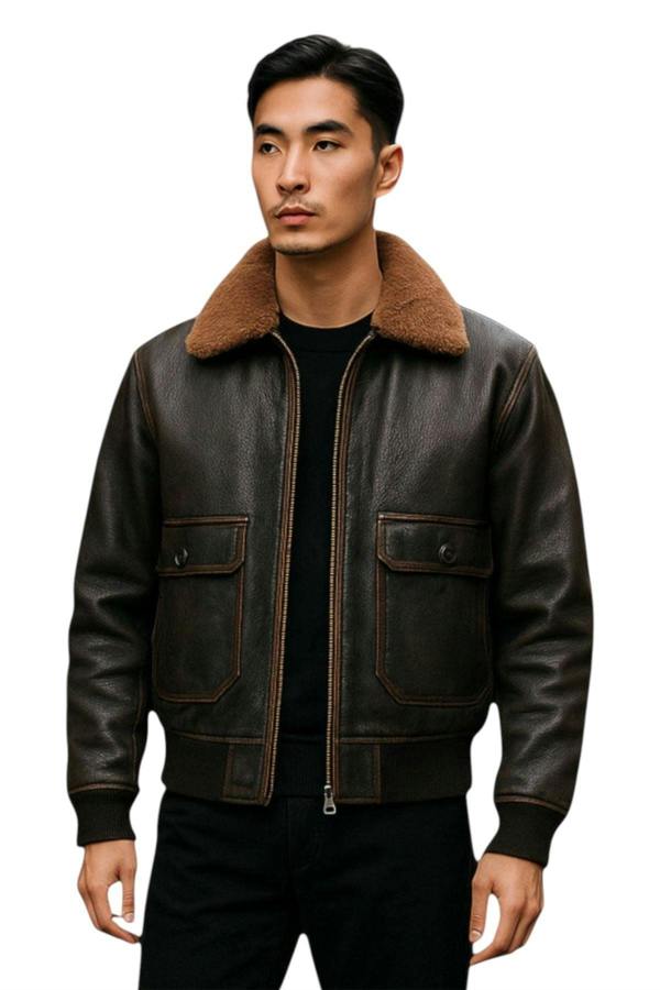 Infinity Leather Men's Brown Leather Bomber Sheepskin Collar G-1 Pilot Jacket - Trick