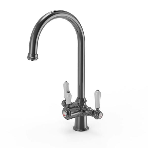 Flode korsa | Traditional Cruciform Style 3 in 1 Instant Boiling Tap | White Ceramic Levers | Gun Metal Finish