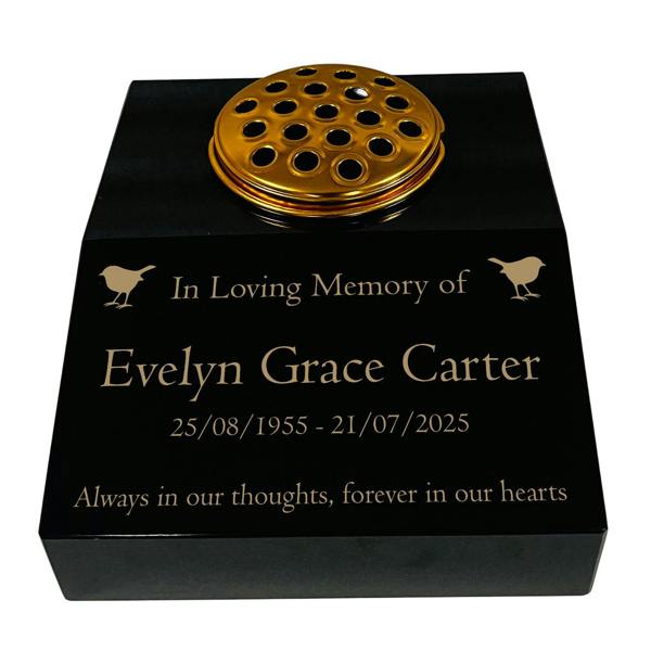Memorials Direct Black Granite Sloping Memorial Desk with Vase – Robin Design, Free Gold Engraving